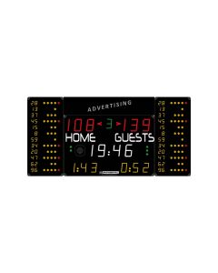 Multisports electronic scoreboard with individual player foul modules with programmable squad numbers and fixed team names