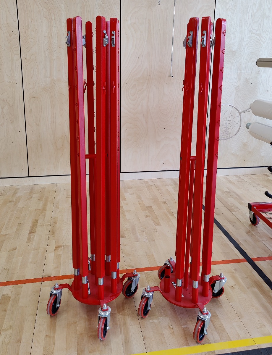Socketed badminton post storage trolley